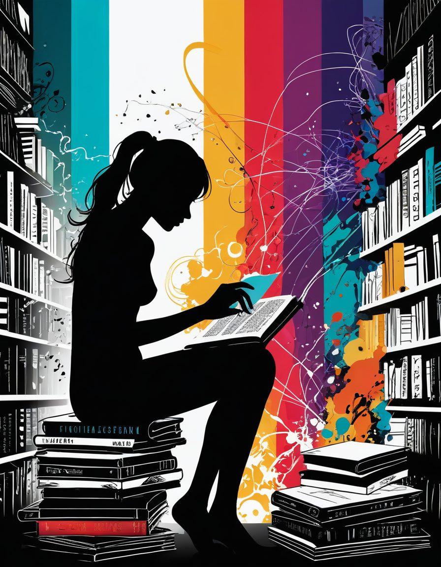 A thought-provoking composition that features an abstract representation of the fusion between art and intellect. On one side, vividly colorful hentai-inspired artwork flows seamlessly into academic elements such as books, graphs, and digital screens. A silhouette of a contemplative figure explores this blend, symbolizing the intersection of adult entertainment and research. Enriched with dynamic shapes and patterns to reflect creativity and depth. vibrant colors. surrealistic.