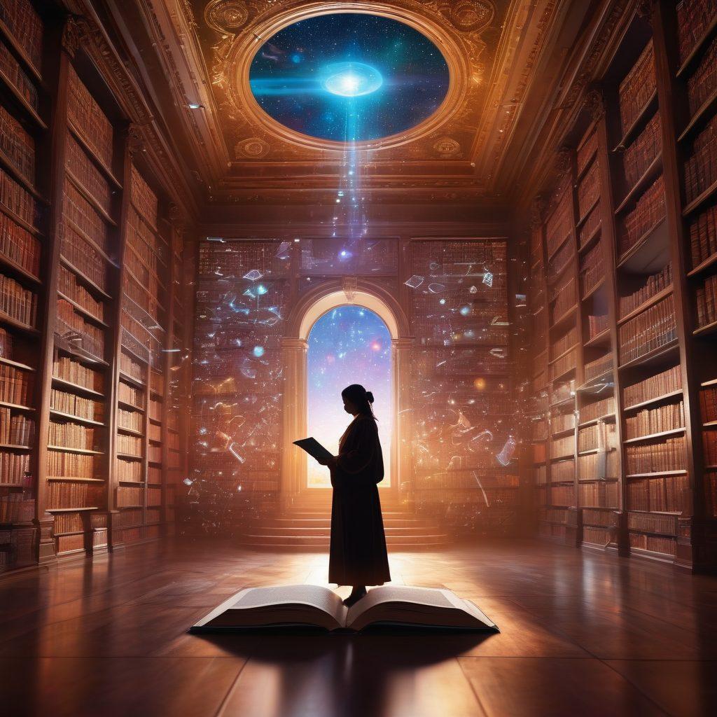 A whimsical blend of fantasy and academia, depicting an open book surrounded by floating holographic symbols of research and erotic art. In the background, a library filled with books intermingled with colorful, abstract illustrations of mythical creatures, while a silhouette of a graduate student is seen pondering. Soft, ethereal lighting creates a dreamlike atmosphere. vibrant colors. super-realistic.
